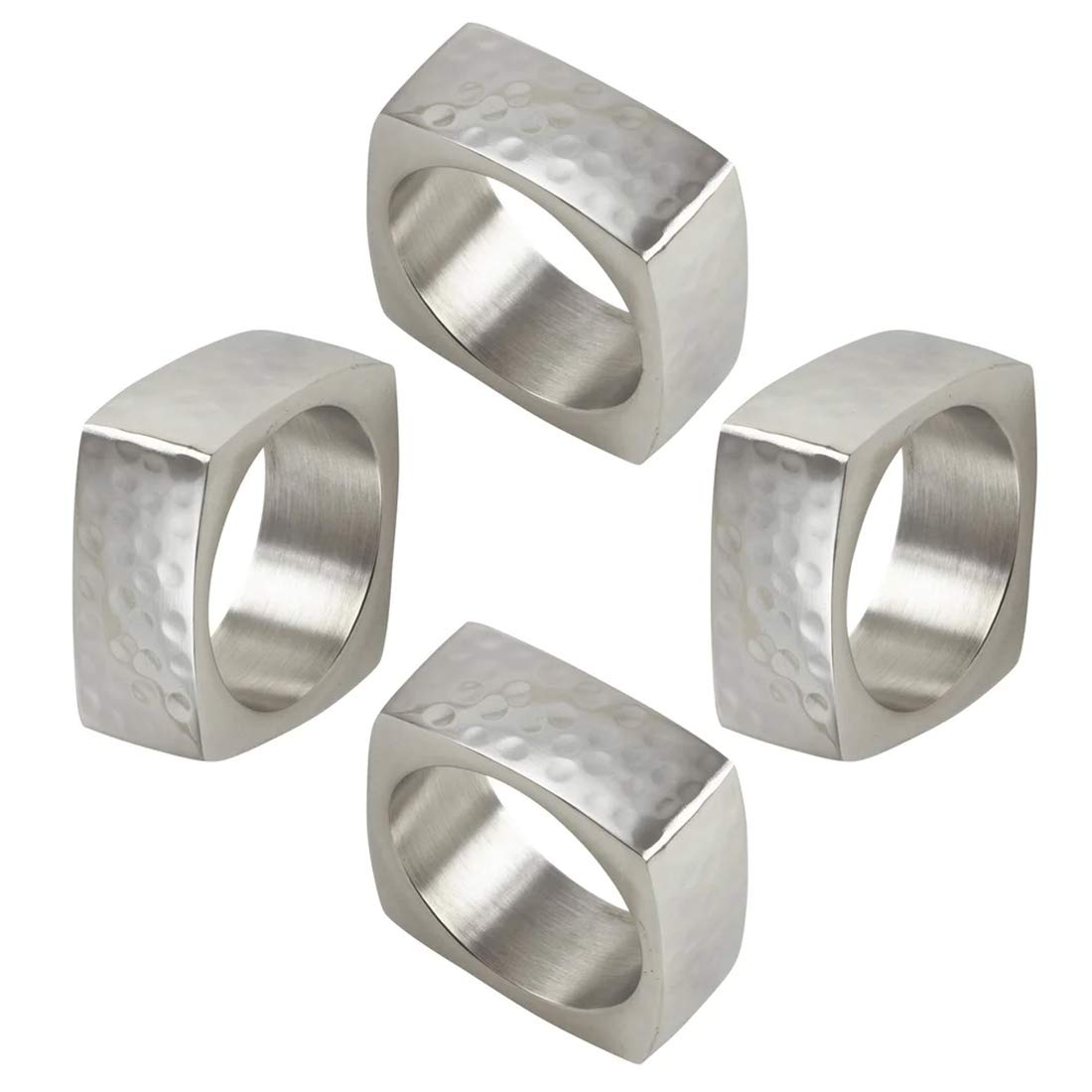 Fennco Styles Hammered Design Square Metal Napkin Rings, Set of 4 - Silver Aluminum Napkin Holders for Home, Dining Room, Banquet, Family Gathering, Holiday and Special Occasion