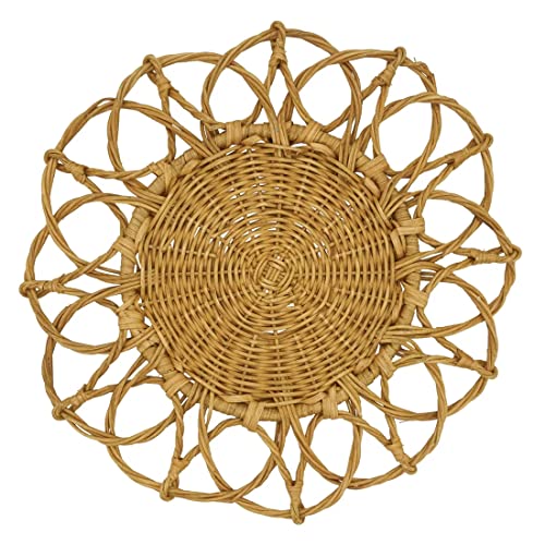Fennco Styles Hand Twisted Rattan Placemat 15" Round, 1- Piece - Caramel Boho Flower Table Mats Heat Resistant Insulation for Home, Boho Décor, Dining Table, Banquets, Special Events