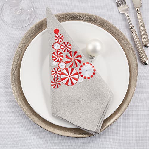Fennco Styles Embroidered Peppermint Holiday Tablecloth 70" W x 70" L - Silver Festive Table Cover for Christmas, Family Gathering, Banquets and Special Events
