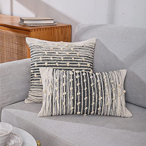 Fennco Styles Handwoven Striped Pom Pom Cotton Wool Decorative Throw Pillow 18" W x 18" L - Black & White Textured Cushion for Home, Couch, Bedroom, Living Room and Office Décor