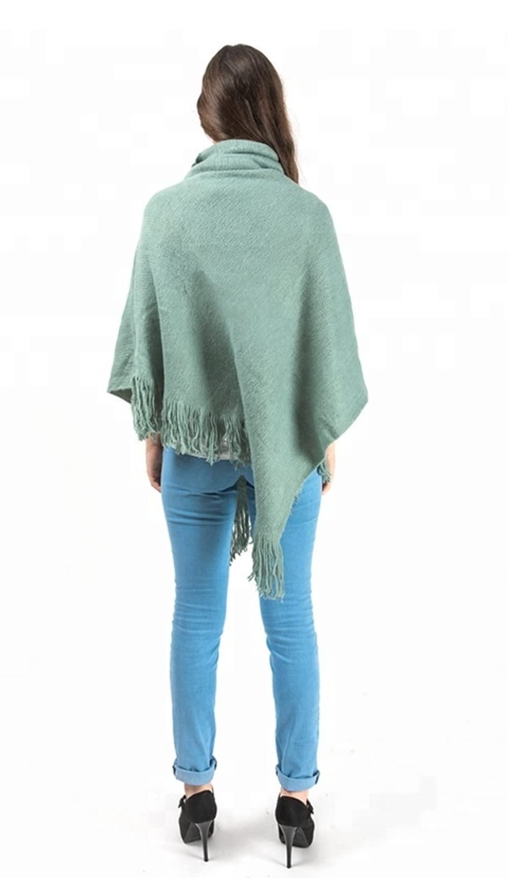 stylesilove Women Autumn Winter Solid Knitted Turtleneck Pullover Fringe Poncho Sweater Soft Wrap Lightweight Shawl