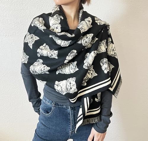 stylesilove Women Cute Kitten Print Cashmere Scarf Warm Ultra Soft Fringe Scarves Shawl Neck Wraps for Autumn and Winter