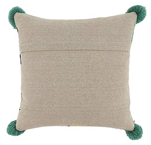 Fennco Styles Pom Pom Geometric Embroidered Cotton Decorative Throw Pillow 20" W x 20" L - Blue Cushion for Home, Couch, Living Room and Office Décor