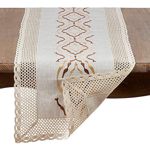 Fennco Styles Abstract Embroidery Lace Trim Table Linen Collection - Natural Table Cover for Home, Dining Room, Banquets, Holiday and Special Event