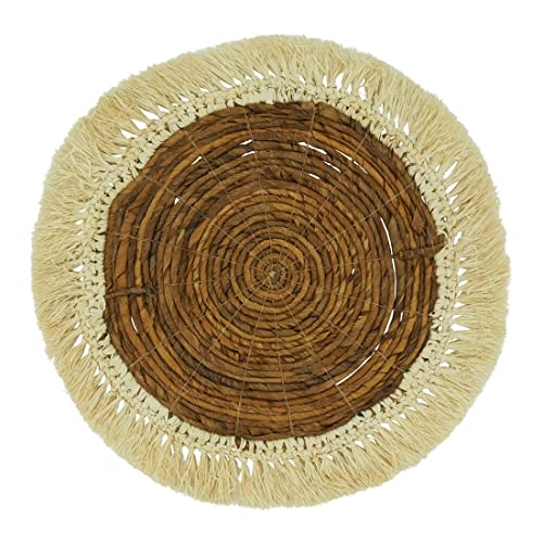 Fennco Styles Raffia Abaca Woven Placemat 16" Round, 1-Piece - Brown Boho Fringed Table Mat for Home, Dining Room, Banquets, Family Gathering and Special Occasion