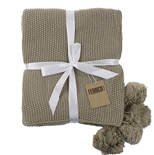 Fennco Styles Chunky Knit with Pom Pom Design Solid Color Throw Blanket 50" W X 60" L - 2 Colors