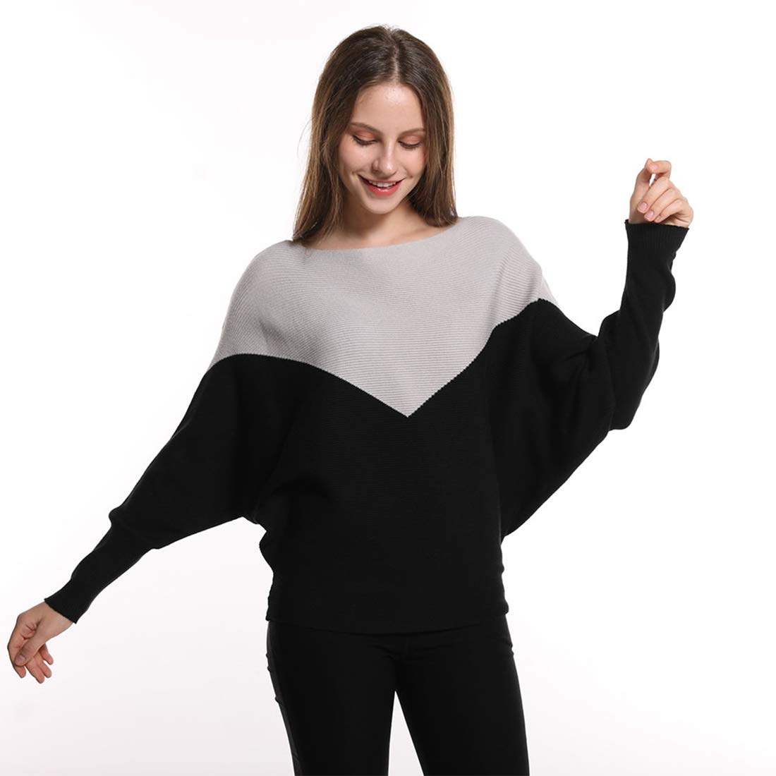 Styles I Love Women Autumn Winter Two-Tone Boat Neck Batwing Sleeve Pullover Knitted Sweater Long Sleeve Loose Top