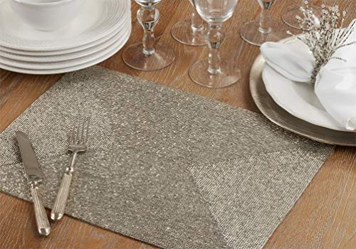 Fennco Style Hand Beaded Metallic Table Placemat 13" W x 18" L, 1-Piece - Silver Glass Beads Table Mat for Banquets, Christmas, Special Events and Home Décor