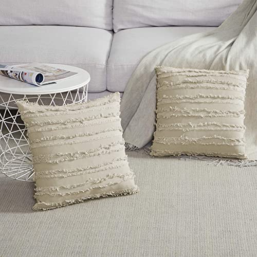 Fennco Styles Modern Fringe Stripe Cotton Decorative Throw Pillow Cover 17" W x 17" L - Cotton Cushion Case for Home, Farmhouse, Couch, Living Room, Bedroom and Office Décor