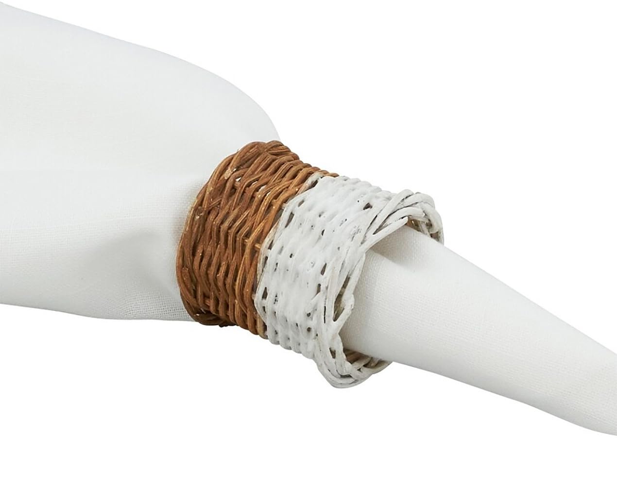 Fennco Styles Rustic Two-Tone Woven Rattan Napkin Rings, Set of 4 - Caramel & White Handmade Napkin Holders for Home, Farmhouse Décor, Banquets, Family Gathering and Special Occasion
