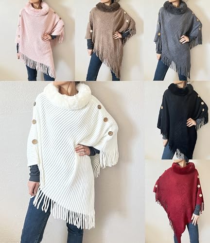 stylesilove Women Solid Knitted Faux Fur Collar Poncho with Fringe Pullover Cardigan Soft Wrap for Fall Winter Seasons