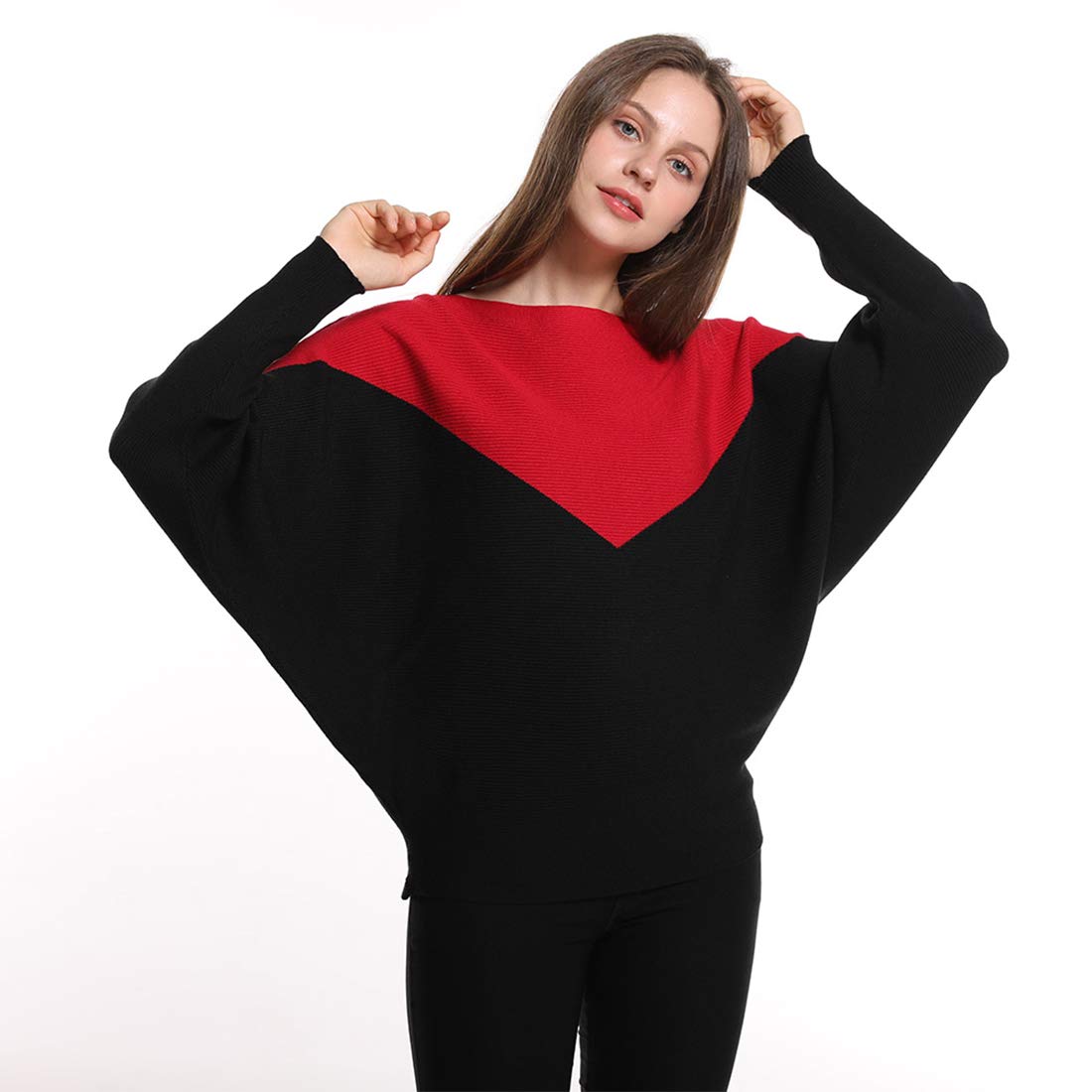 Styles I Love Women Autumn Winter Two-Tone Boat Neck Batwing Sleeve Pullover Knitted Sweater Long Sleeve Loose Top