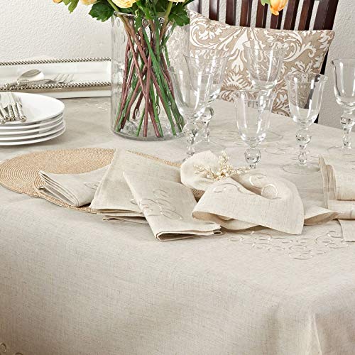 Fennco Styles Classic Embroidery Scroll Border Linen Blend Tablecloth - Natural Tablecloth for Wedding, Banquet, Special Events and Home Décor