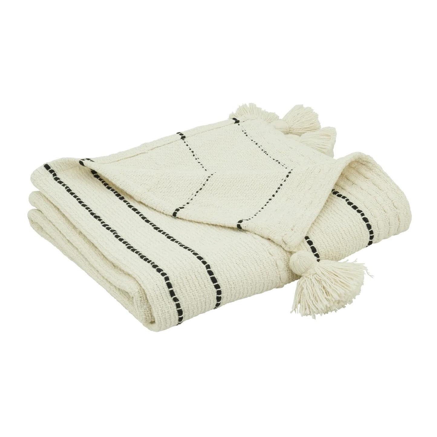 Fennco Styles Stripe Cotton Throw Blanket with Chunky Tassel 50" W x 60" L - Ivory Woven Blanket for Couch, Bedroom, Living Room and Office Décor