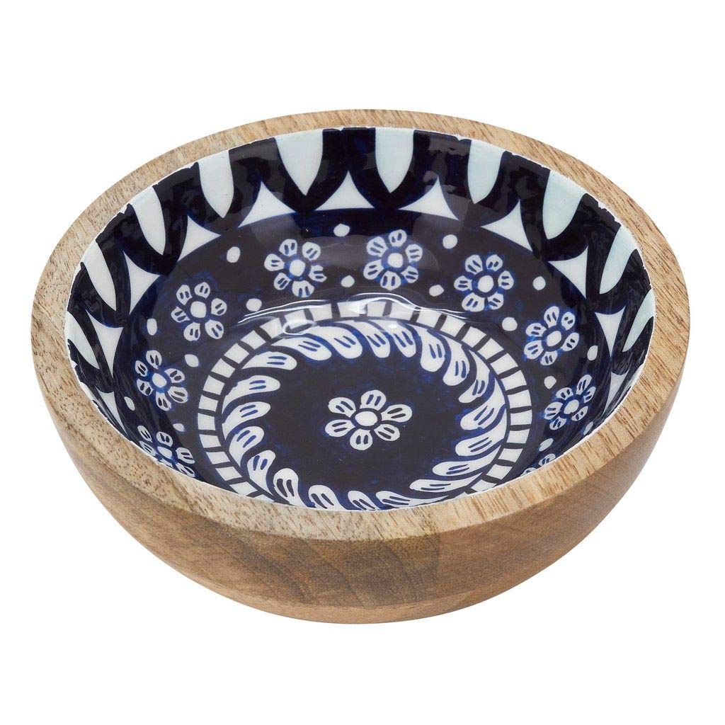 Fennco Styles 7" Round Mango Wood Serving Bowl with Blue Floral Enamel Design for Fruits, Salads, Sides, Home, Kitchen Décor and Holiday Gatherings