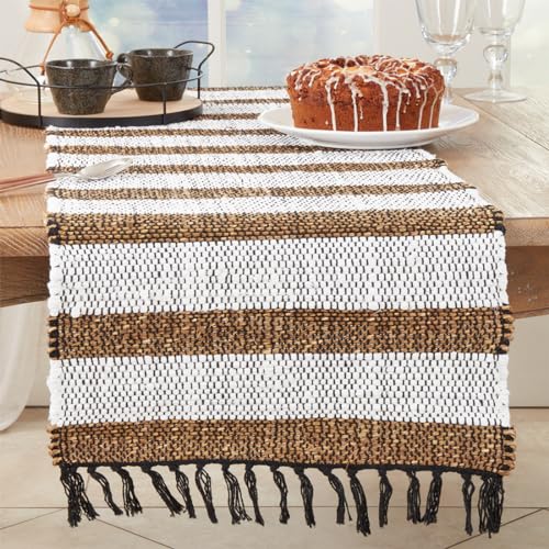 Fennco Styles Natural Striped Chindi Table Runner with Fringe 16" W x 72" L - Cotton Seagrass Woven Table Cover for Home, Dining Room, Banquets, Family Gatherings, and Special Occasion