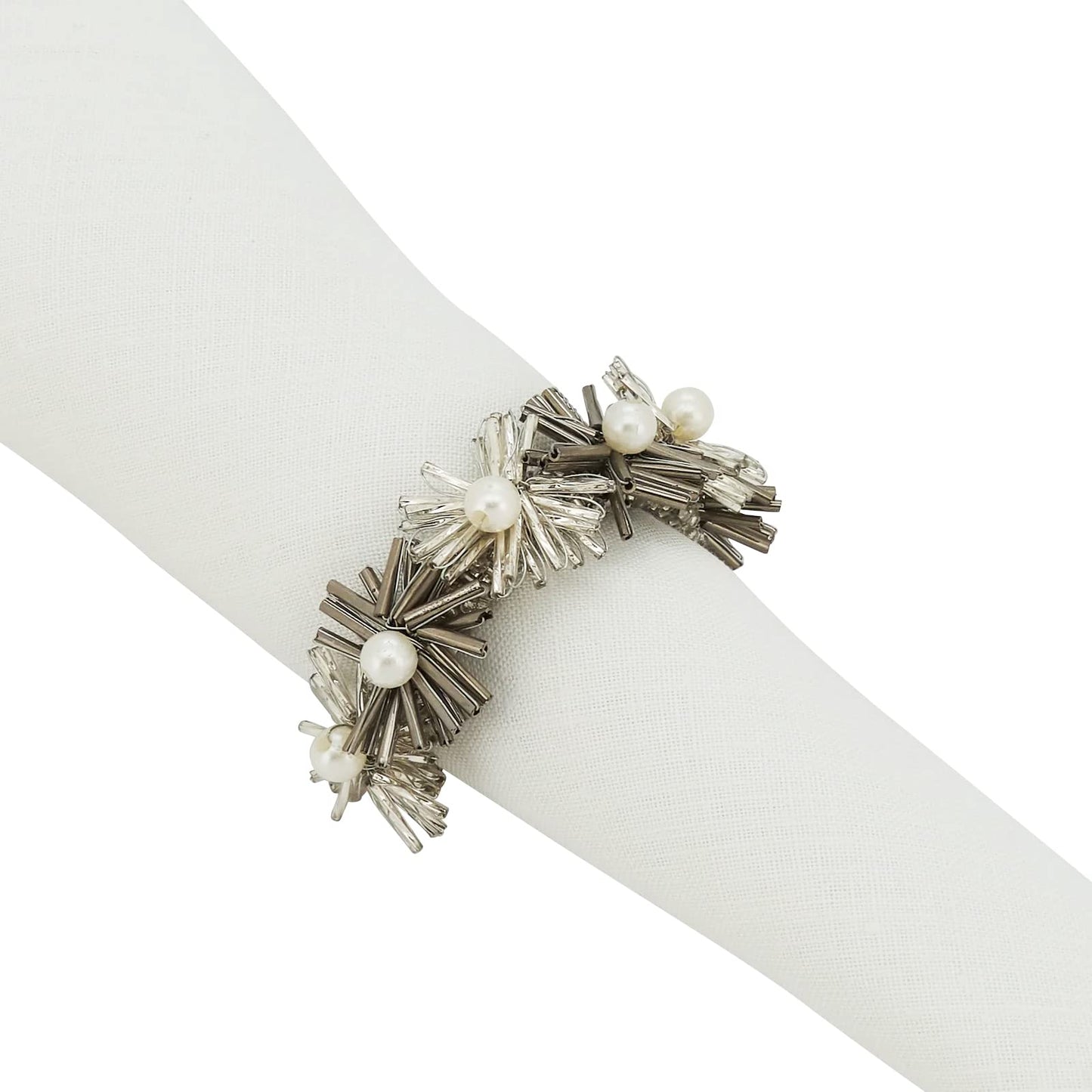 Fennco Styles Hand Beaded Flower Metal Napkin Rings, Set of 4 - Glass Beads Napkin Holders for Christmas, Home, Dining Room, Banquet, Family Gathering, Holiday and Special Occasion