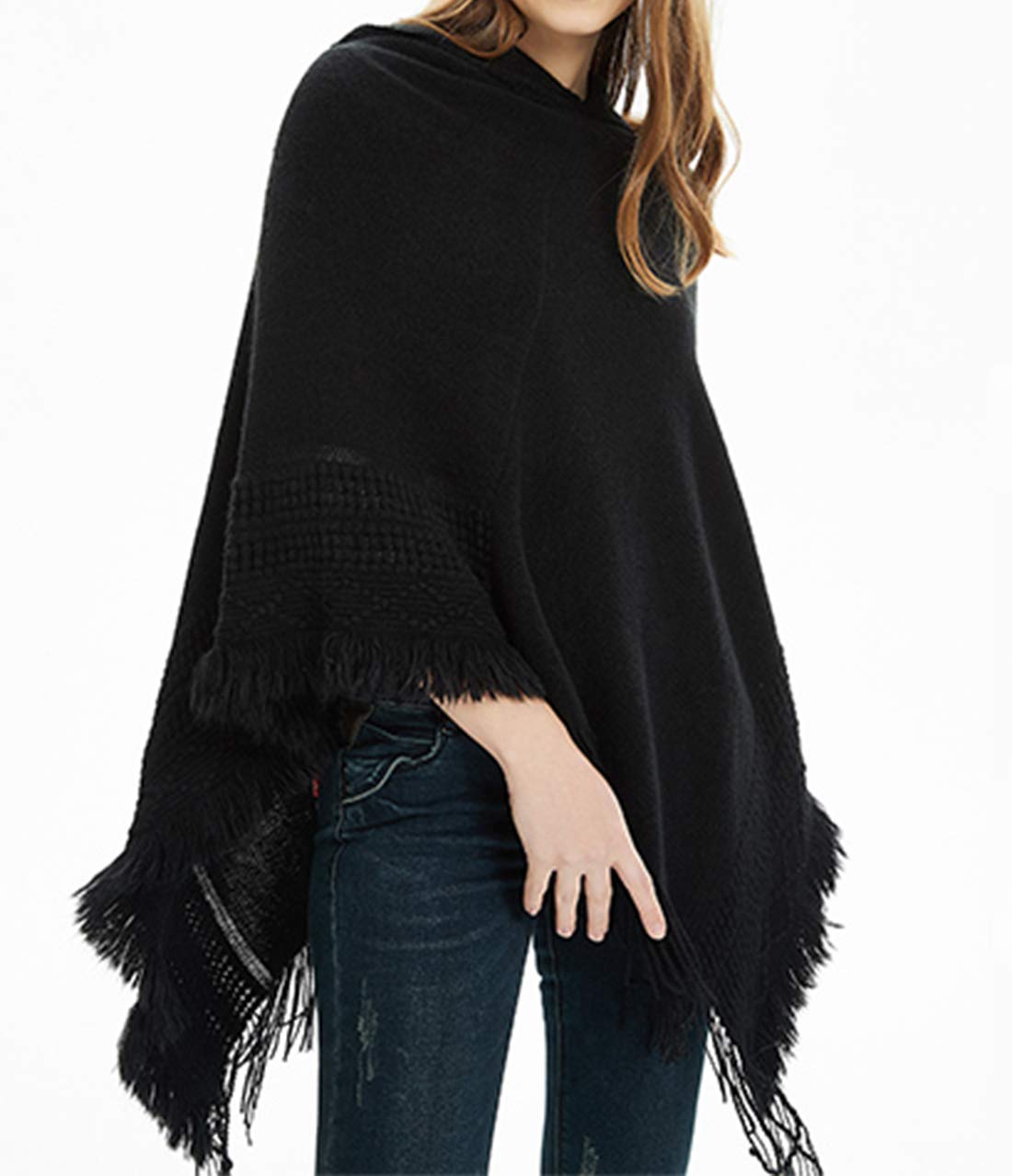 stylesilove Women Solid Knitted Hooded Poncho Crochet Pattern with Fringe Pullover Cardigan Soft Wrap for Fall Winter Seasons
