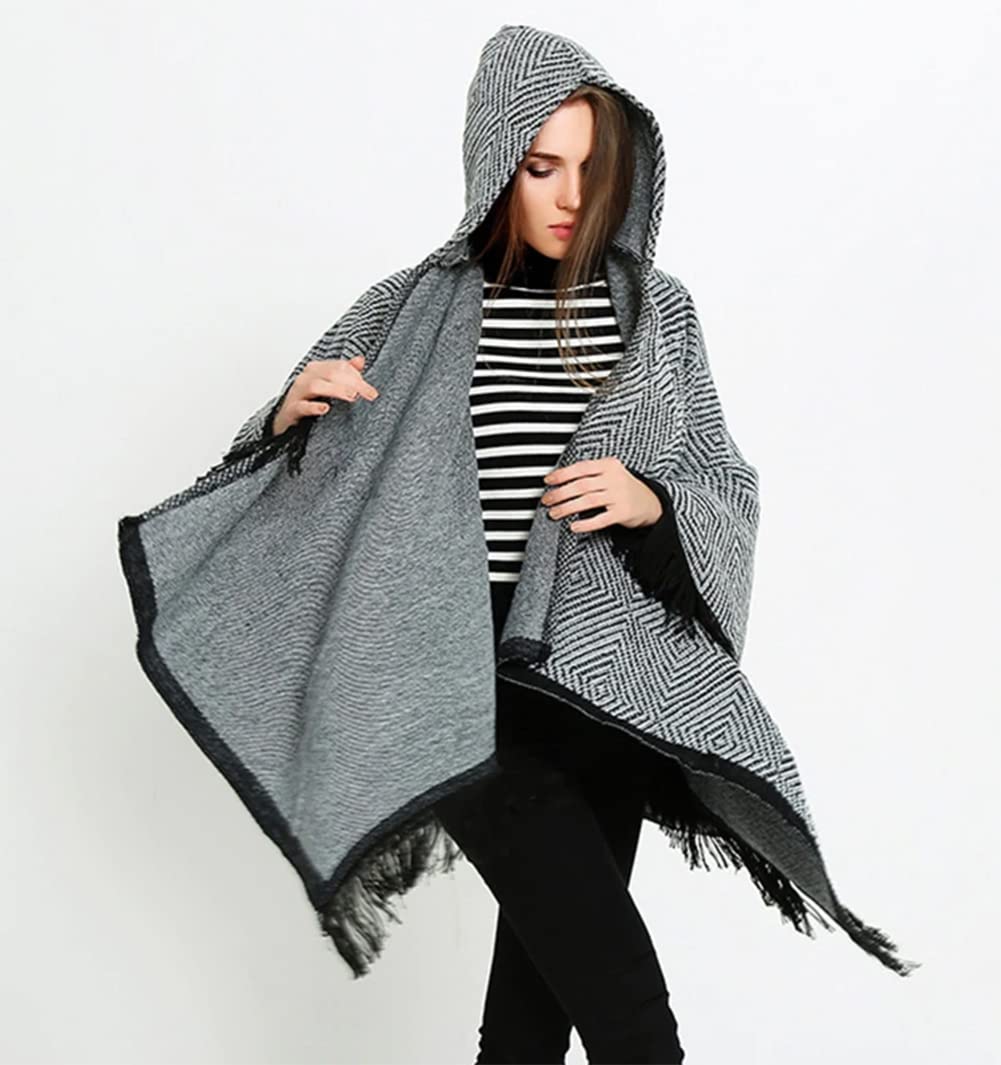stylesilove Women Diamond Knit Open Front Hooded Poncho Fringe Black Geometric Cape Oversized Cardigan Fall Winter Wrap Shawl