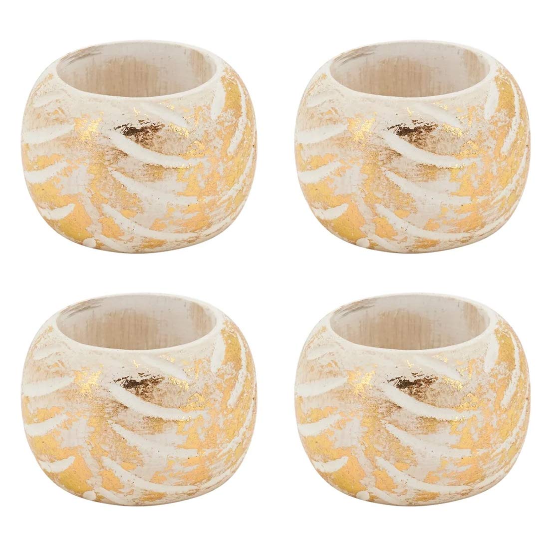 Fennco Styles Distressed Foil Print Design Wood Napkin Rings, Set of 4 - Silver Decorative Napkin Holders for Home, Dining Room, Banquet, Family Gathering, Holiday and Special Occasion