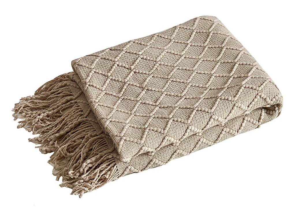 Fennco Styles Rhombus Diamond Knit Modern Fringe Throw 50" W x 60" L - Geometric Throw Blanket for Sofa, Couch, Living Room, Bedroom Décor