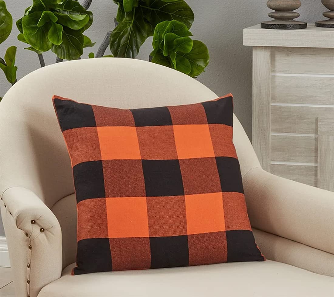 Fennco Styles Rustic Buffalo Plaid Design Cotton Decorative Throw Pillow 13 x 20 Inch - Orange Black Holiday Accent Pillow for Home, Couch, Living Room, Bedroom and Office Décor