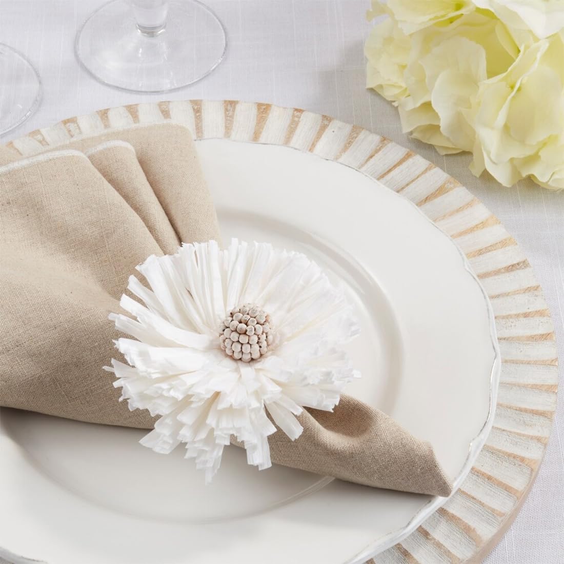 Fennco Styles Handmade Raffia Flower Decorative Napkin Rings, Set of 4 - White Rustic Floral Napkin Holders for Dining Table, Banquet, Spring and Summer Décor and Special Events