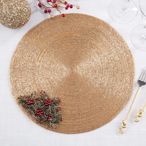 Fennco Styles Festive Beaded Flower Holiday Placemats 15" Round, Set of 4 - Gold Glass Beads Table Mat for Home Décor, Family Gatherings, Banquets, Christmas and Special Occasions