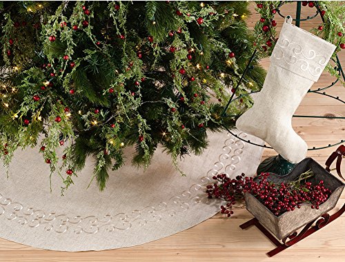 Fennco Styles Holiday Embroidered Swirl Design Decorative Linen Blend Christmas Tree Skirt 68" Round