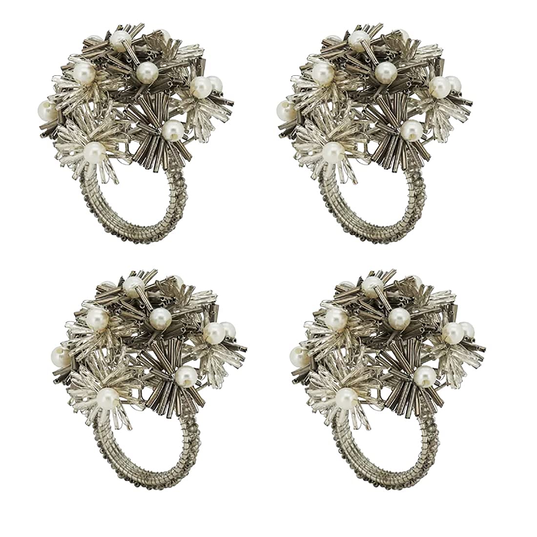 Fennco Styles Hand Beaded Flower Metal Napkin Rings, Set of 4 - Green Decorative Napkin Holders for Christmas, Home, Dining Room, Banquet, Family Gathering, Holiday and Special Occasion
