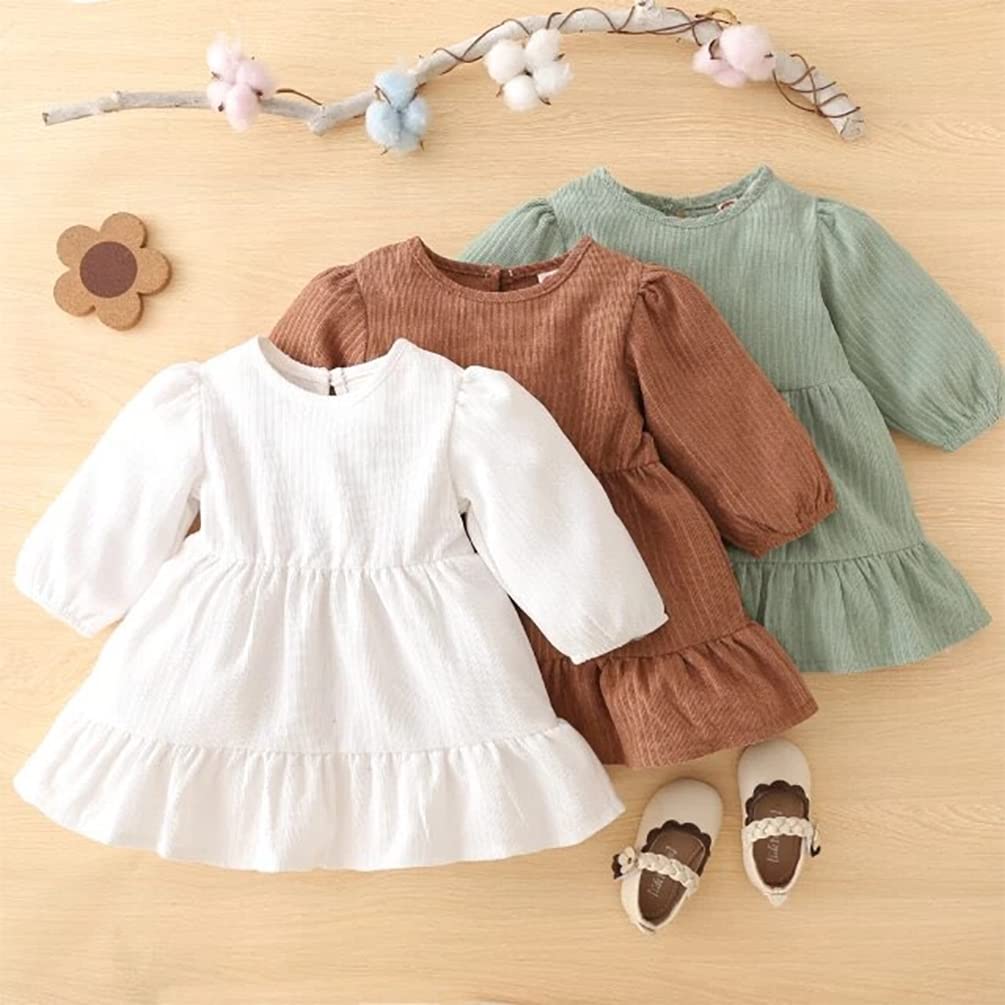stylesilove Baby Toddler Girls Solid Ruffle Hem Long Puff Sleeve Corduroy Dress Princess Casual Spring Fall Outfit