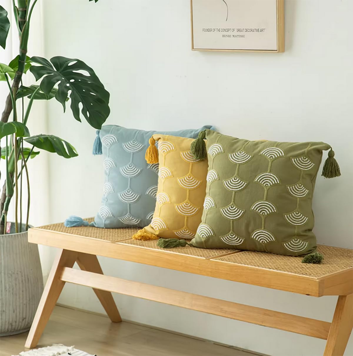 Fennco Styles Hand Beaded Embroidery Ginkgo Leaf Throw Pillow Cover with Tassel 18" W x 18" L - Green Leaves Cotton Cushion Case for Home, Couch, Living Room, Bedroom and Office Décor