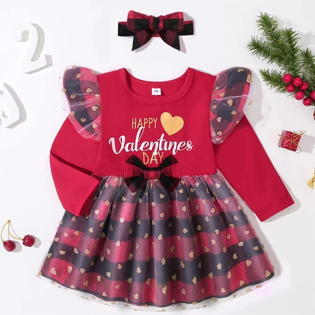 stylesilove Infant Baby Girls Long Sleeve Valentine's Day Glitter Love Heart Tulle Plaid Ruffle Dress & Headband 2pcs Outfit