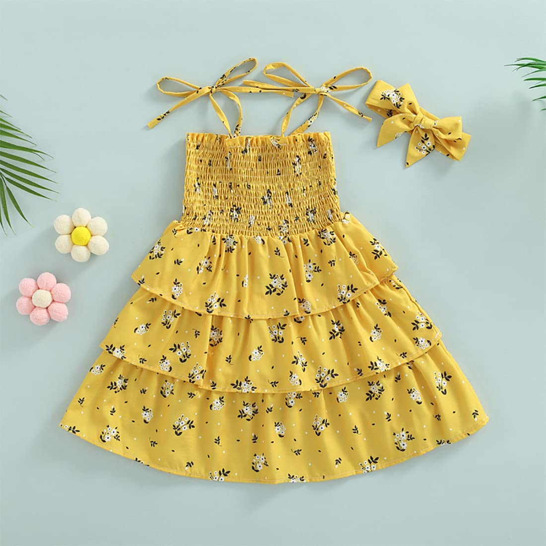 stylesilove Baby Toddler Girls Floral Print Smocked Tiered Sleeveless Dress & Headband 2pcs Summer Ruffle Sundress Outfit