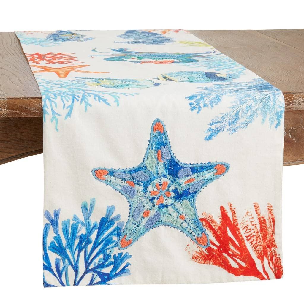 Fennco Styles Coastal Sea Life Embroidered Cotton Table Runner 16" W x 72" L - Multicolored Nautical Table Cover for Everyday Use, Family Gathering, Banquets, and Special Occasions
