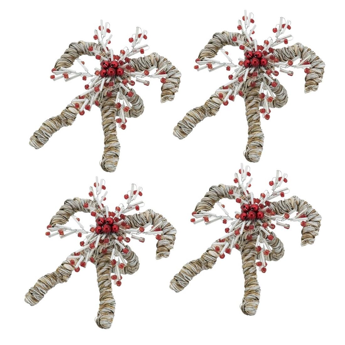 Fennco Styles Seagrass Candy Cane Christmas Napkin Rings, Set of 4 - Red & White Glass Beads Napkin Holders for Dining Table, Banquet, Family Gathering, Holiday Décor and Special Occasion