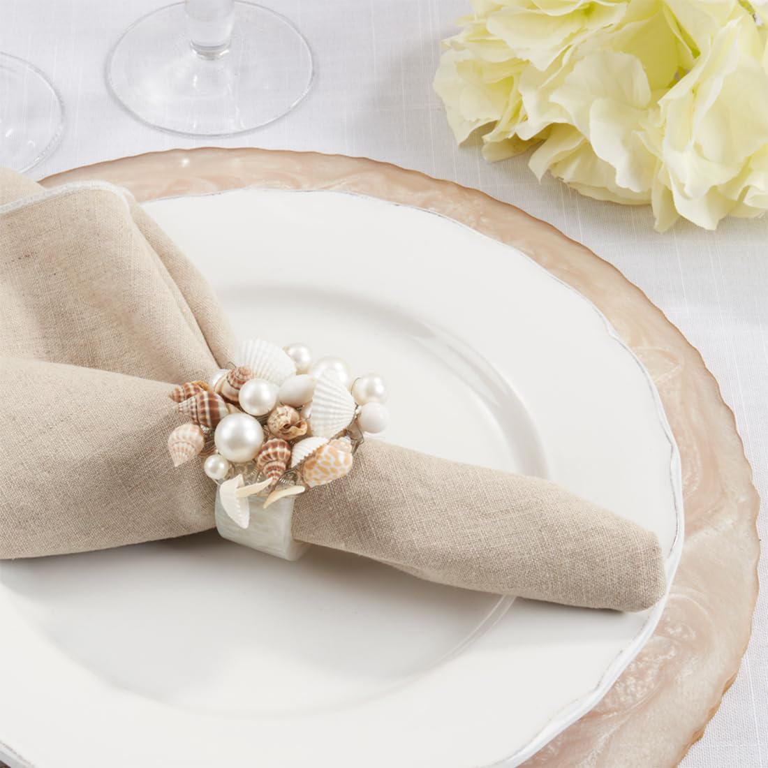 Fennco Styles Beaded Seashell Design Decorative Napkin Rings, Set of 4 - Ivory Charming Seaside Napkin Holders for Home, Dining Table, Banquets Décor, Weddings and Special Occasions