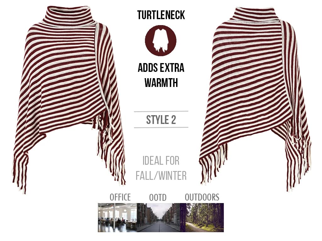 stylesilove Women Autumn Winter Knit Striped Turtleneck Fringe Poncho Pullover Shawl Warm Soft Wrap Lightweight Cape