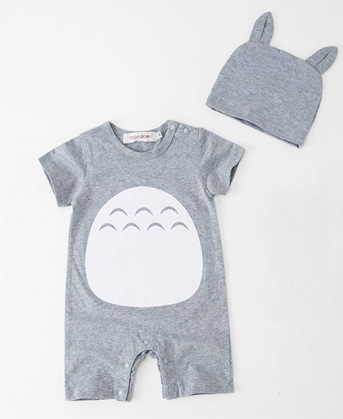 stylesilove Unisex Baby Boys Girls Grey Short Sleeve Cotton Romper with Hat 2pcs Cartoon Summer Outfit