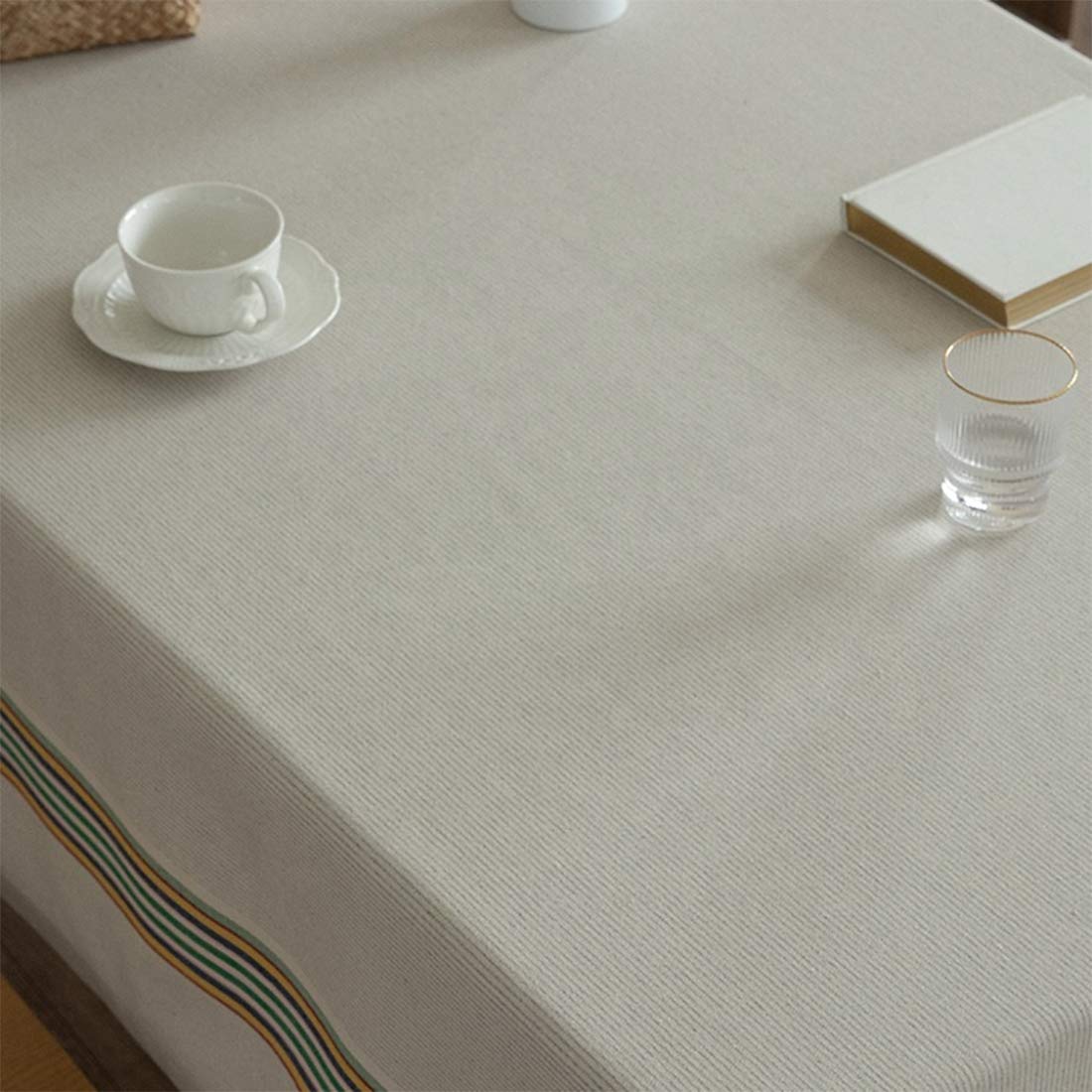 Fennco Styles Classic Striped Tassel Woven Tablecloth 55" W x 55" L - Ivory Table Cover for Banquets, Holiday, Special Events, Home, Dining Room Décor and Everyday Use