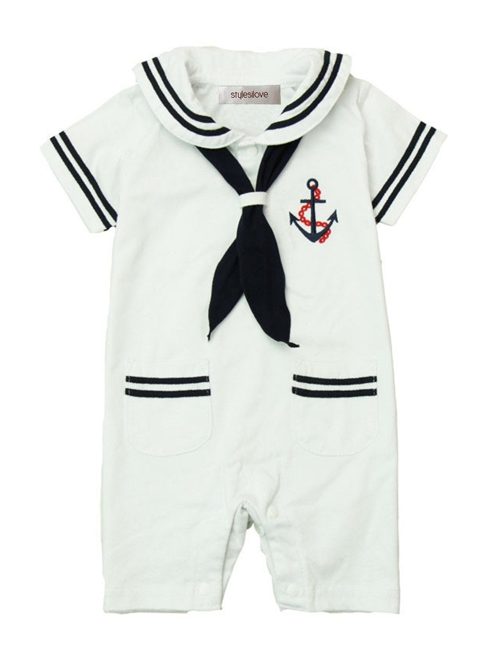 stylesilove.com Baby Boy Marine Sailor Cotton Romper Onesie with Hat and Necktie 3pcs Holiday Outfit