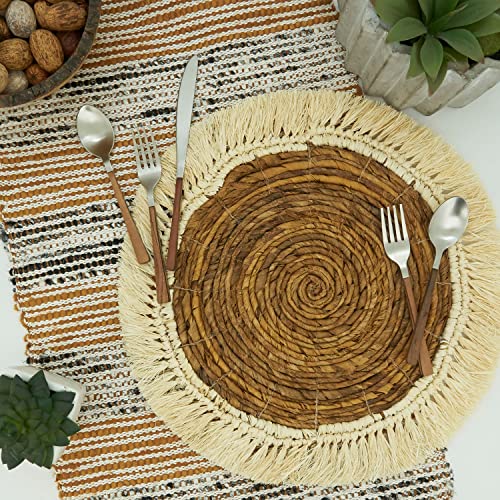 Fennco Styles Raffia Abaca Woven Placemat 16" Round, 1-Piece - Brown Boho Fringed Table Mat for Home, Dining Room, Banquets, Family Gathering and Special Occasion
