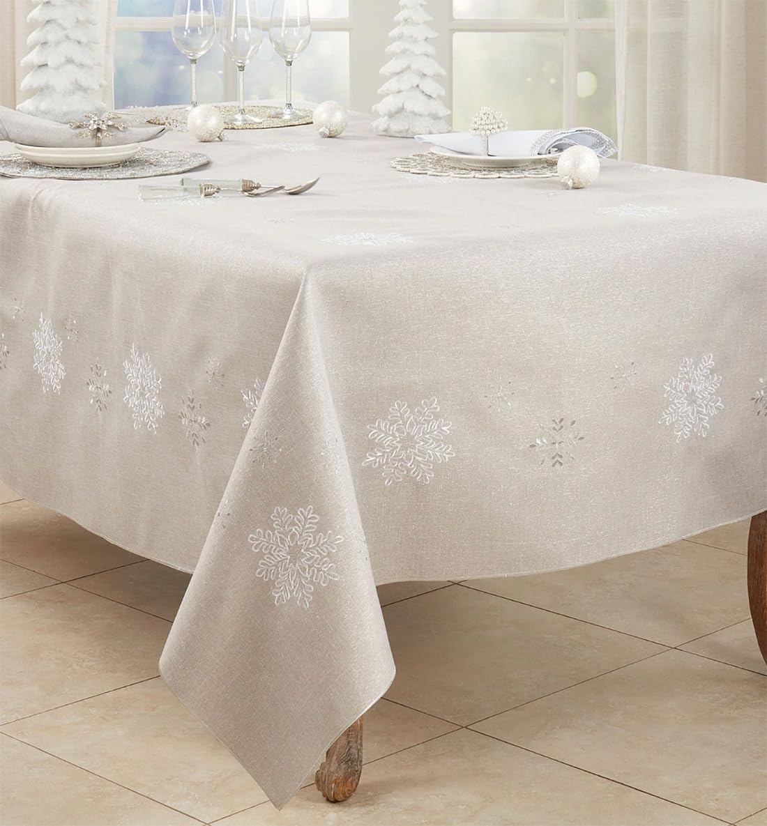 Fennco Styles Embroidered Snowflake Holiday Tablecloth - Silver Elegant Table Cover for Home Décor, Everyday Use, Christmas, Weddings and Special Events