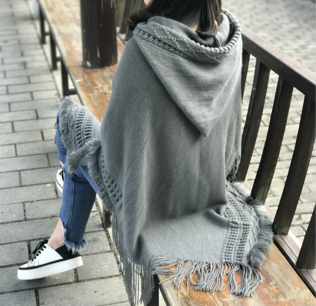 stylesilove Women Solid Knitted Hooded Poncho Crochet Pattern with Fringe Pullover Cardigan Soft Wrap for Fall Winter Seasons
