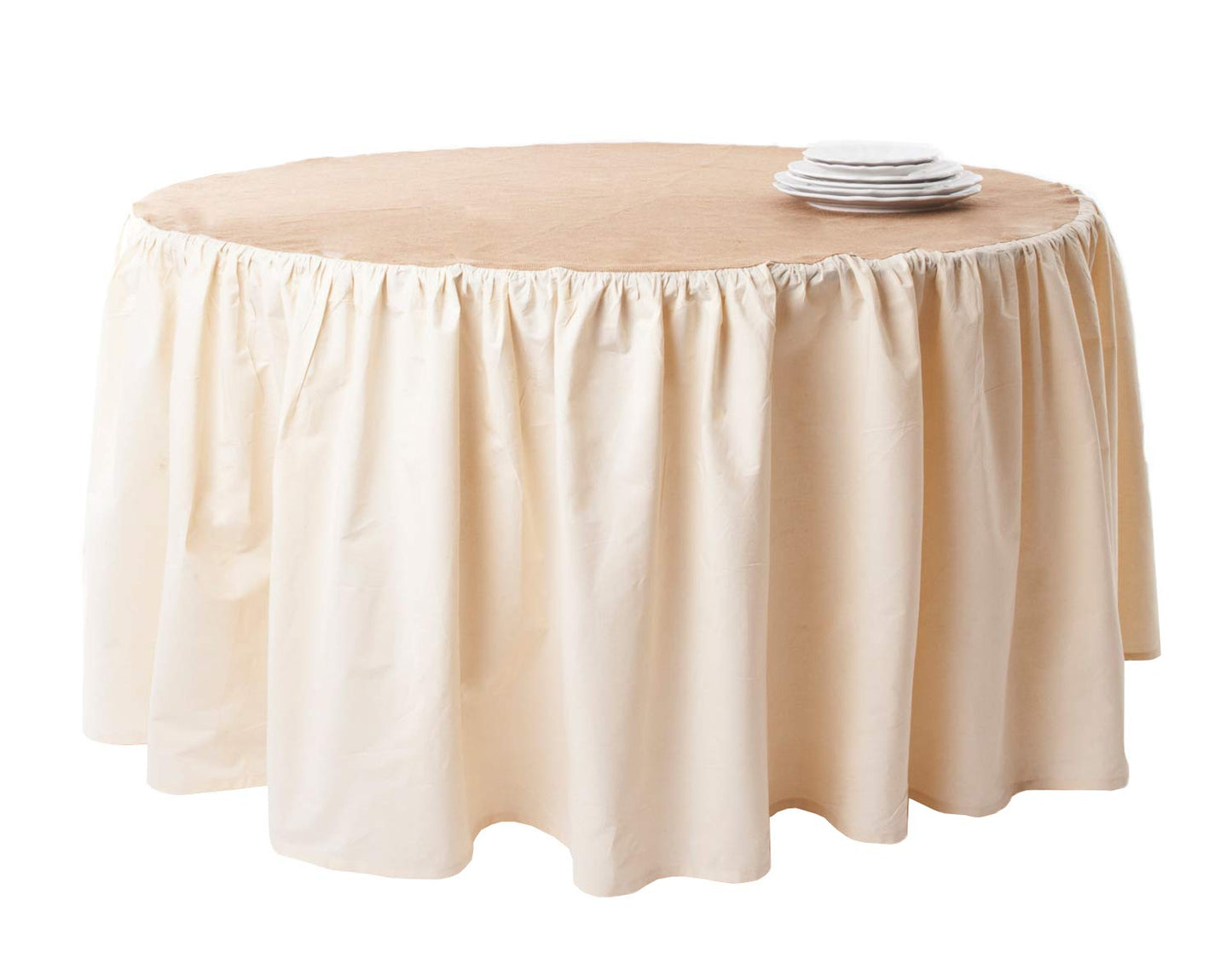 Fennco Styles Toulouse Burlap Natural Tablecloth with Ruffled Cotton Skirt, 120" Round