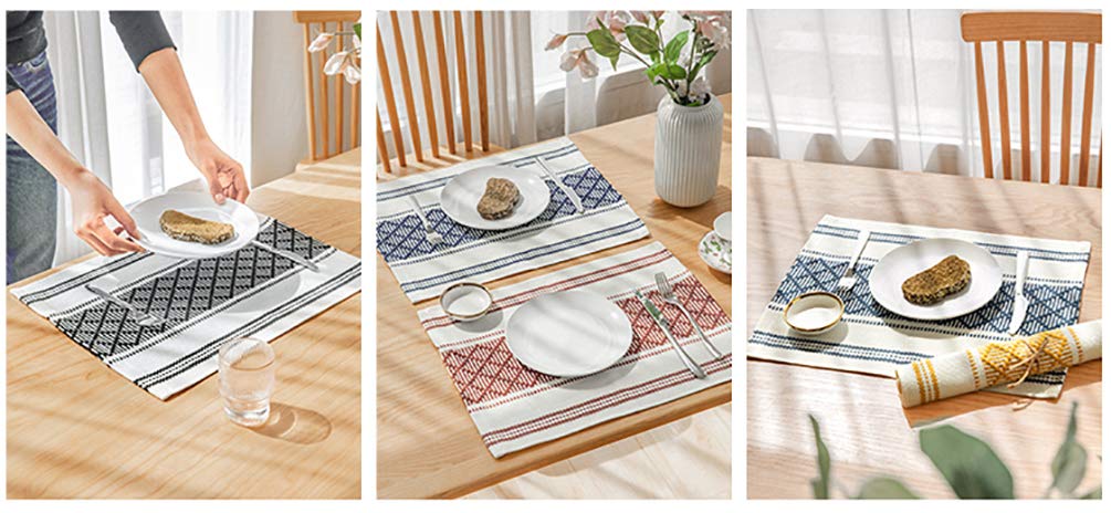 Fennco Styles Diamond Stitch Design Cotton Blend Placemats 14" W x 19" L, Set of 4 - Black Geometric Woven Table Mats for Boho Décor, Home, Dining Table, Banquets, Family Gatherings, Special Occasion