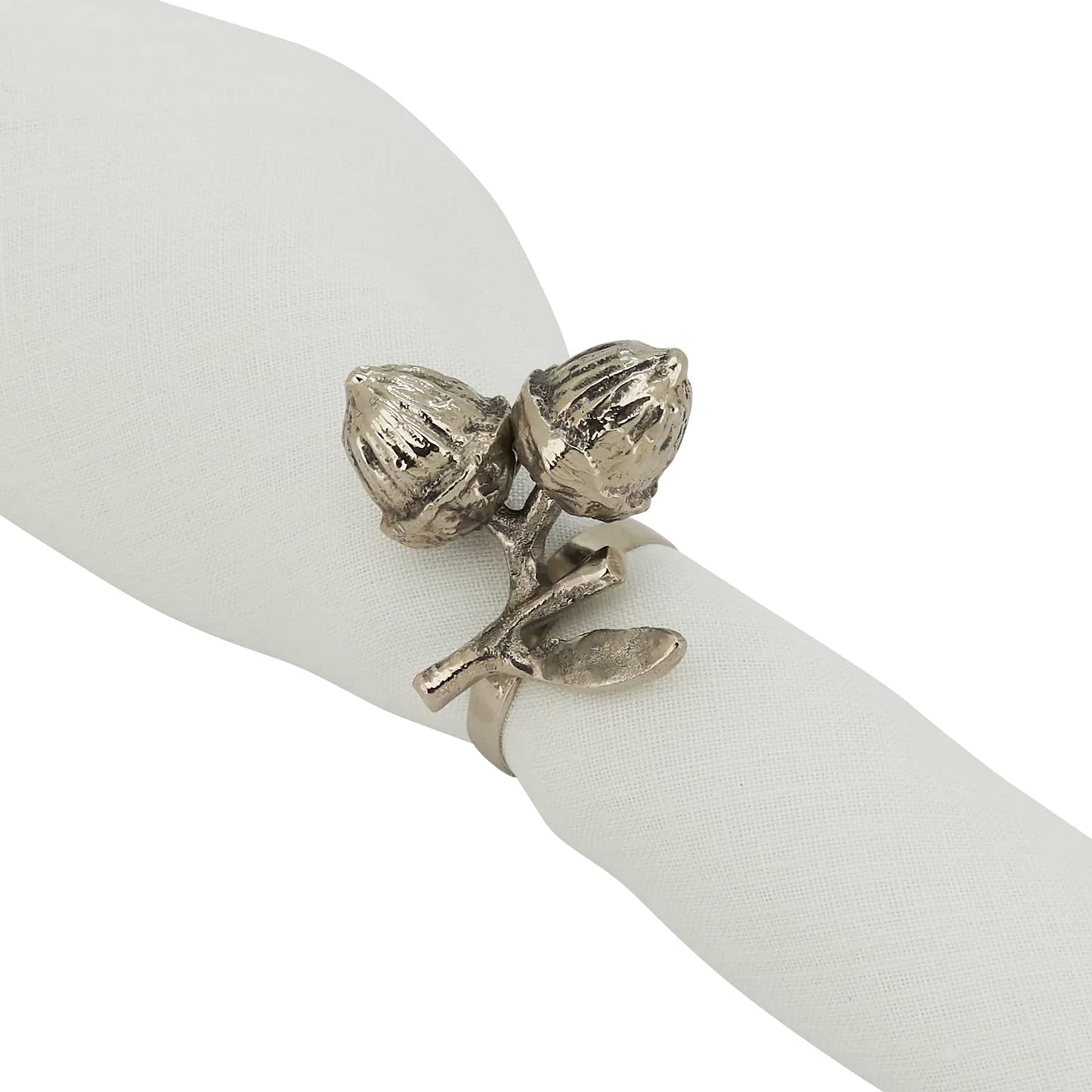 Fennco Styles Harvest Acorn Brass Napkin Rings, Set of 4 - Silver Metal Napkin Holders for Holiday, Home Décor, Dining Room, Banquets, Family Gatherings and Special Occasions