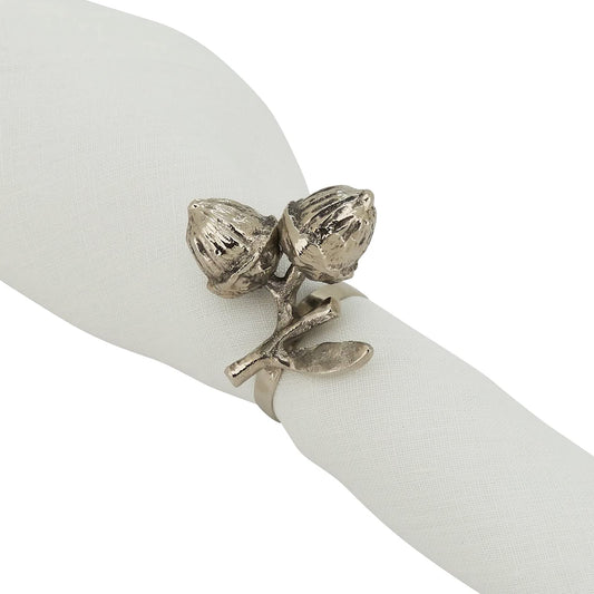 Fennco Styles Harvest Acorn Brass Napkin Rings, Set of 4 - Silver Metal Napkin Holders for Holiday, Home Décor, Dining Room, Banquets, Family Gatherings and Special Occasions