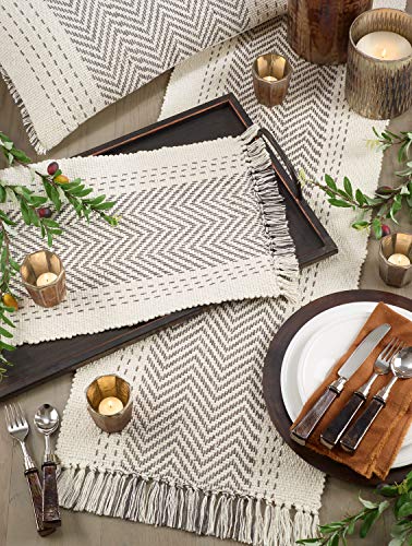Fennco Styles Modern Kantha Stitch Design 100% Cotton Table Runner - Grey Table Cover for Everyday Use, Dining Room Décor, Family Gathering and Special Occasion
