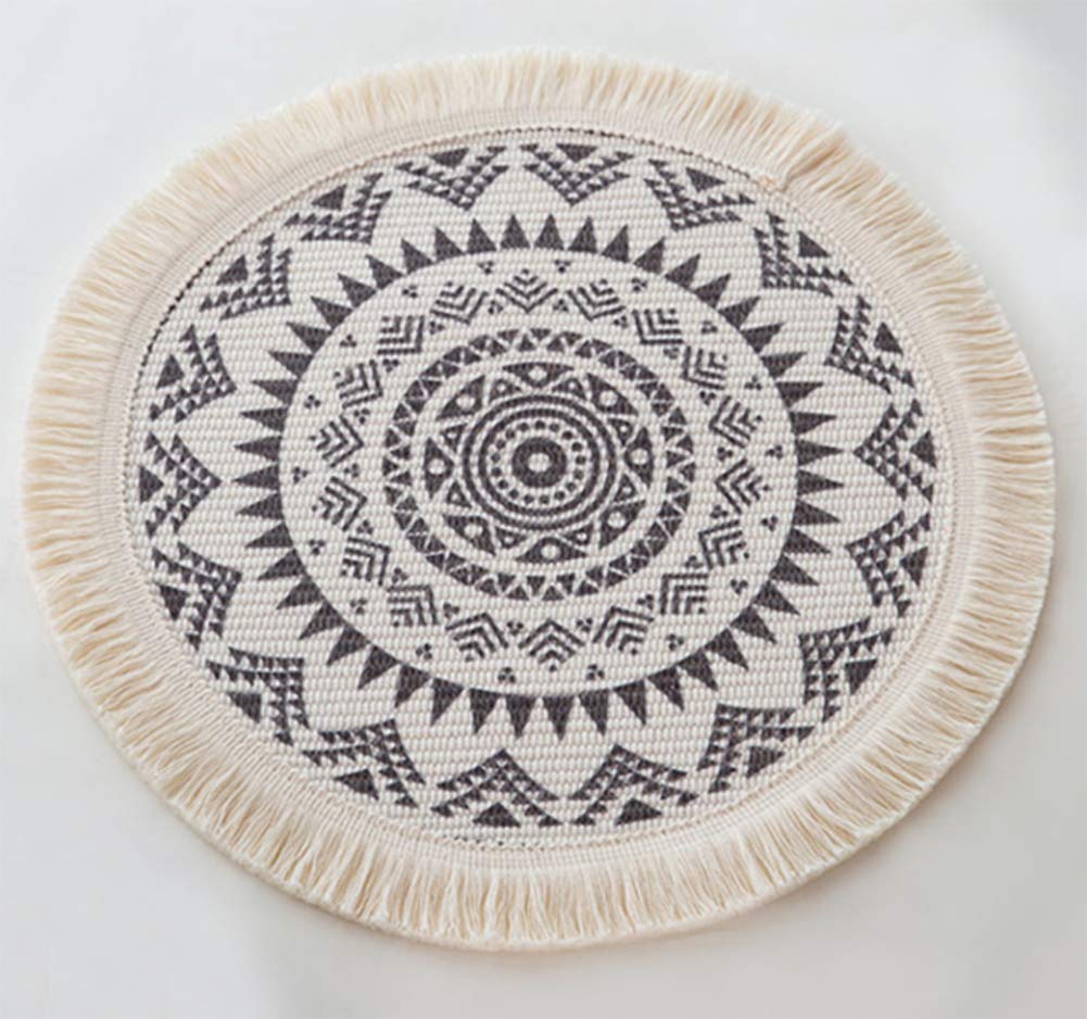 Fennco Styles Boho Mandala Fringe Decorative Cotton Placemats 13-inch Round, Set of 4 - Grey Heat Resistant Insulation Table Mats for Home Decor, Dining Table, Banquets and Special Events
